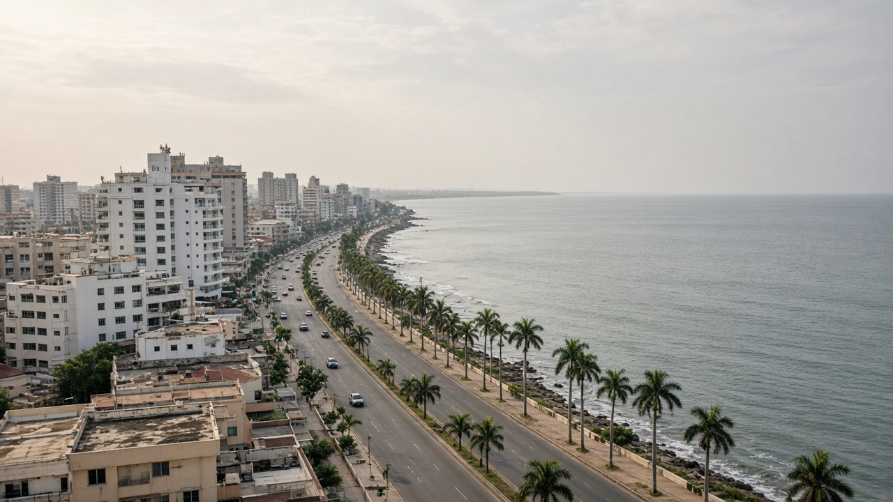 El Malecón de Santo Domingo visto desde arriba, con el mar a la derecha.
