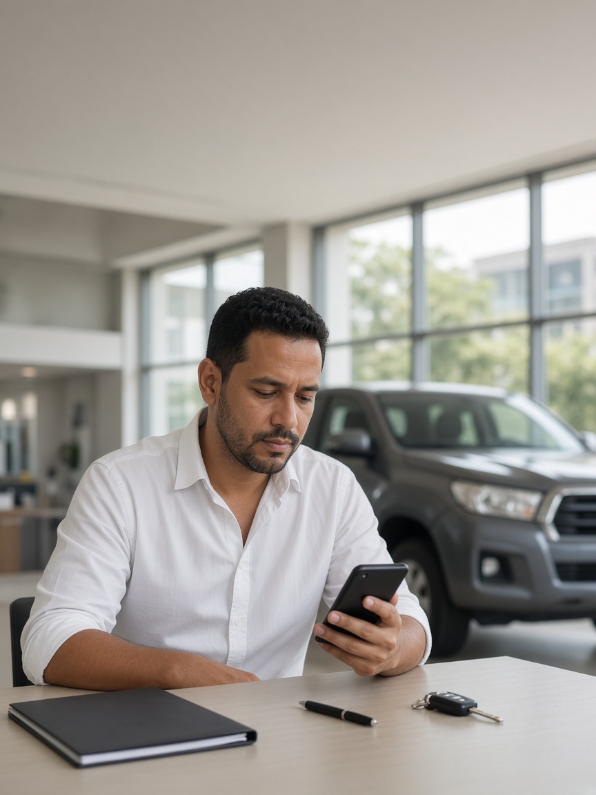 Un vendedor en su escritorio dentro de un dealer, leyendo un mensaje en su celular.