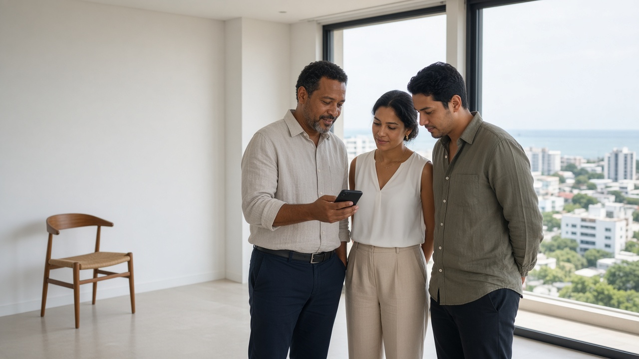 Un agente inmobiliario muestra algo en su teléfono a una pareja durante la visita a un apartamento.
